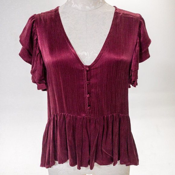 Neiman Marcus M Silky Ruffle Babydoll Blouse Red - Picture 10 of 10